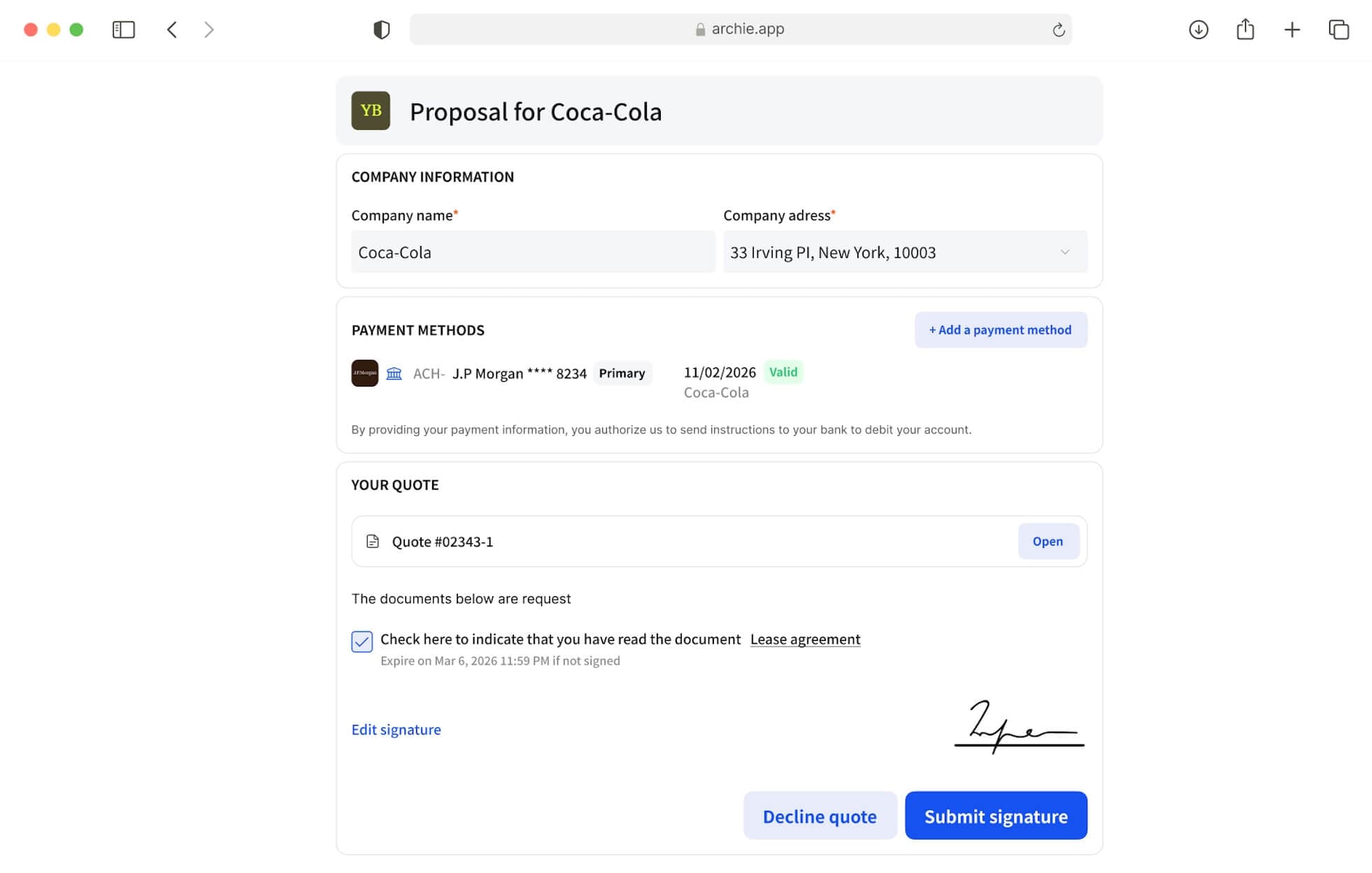 Proposal document for Coca-Cola with company information, payment methods, and quote details.