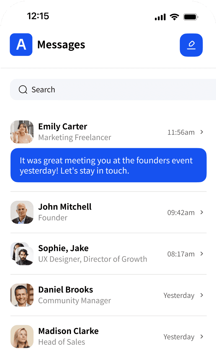 Archie Mobile app interface showing a list of messages from different coworking space users with their profiles and timestamps.