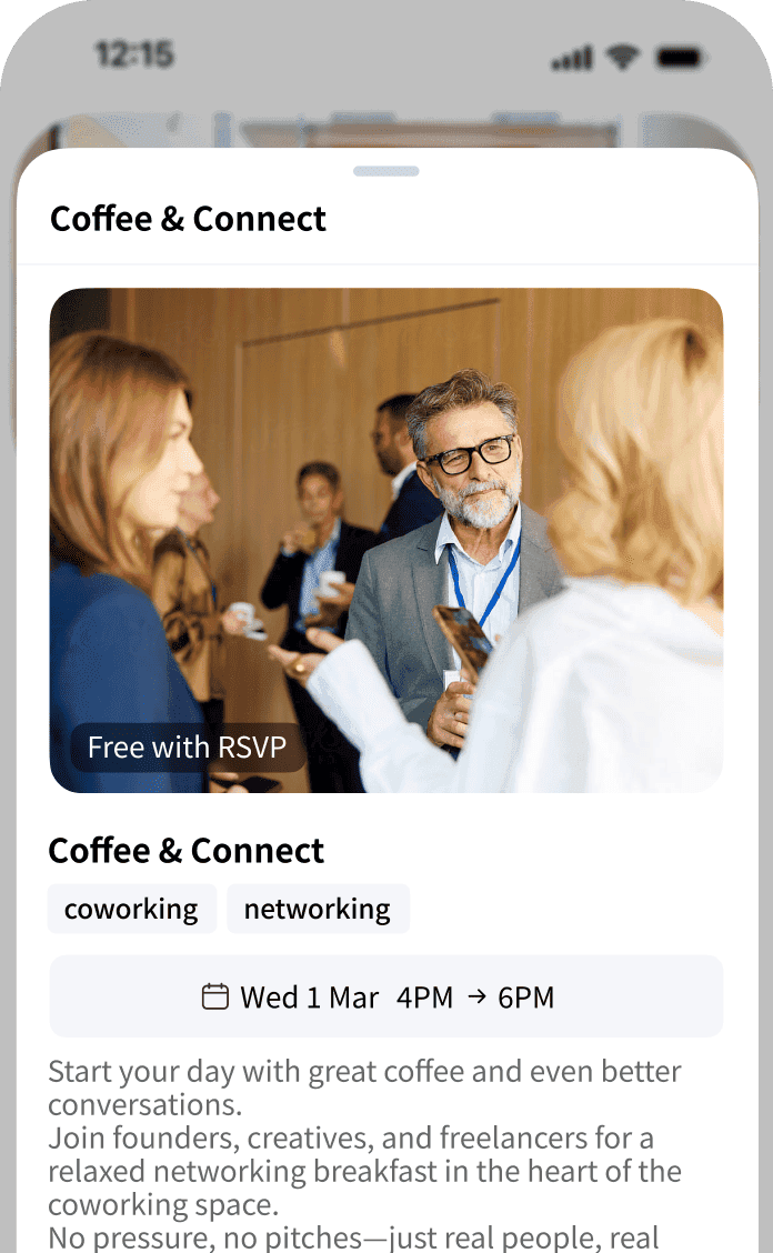 Archie Mobile app interface showing an event invitation for Coffee & Connect, a networking event for coworking space members.