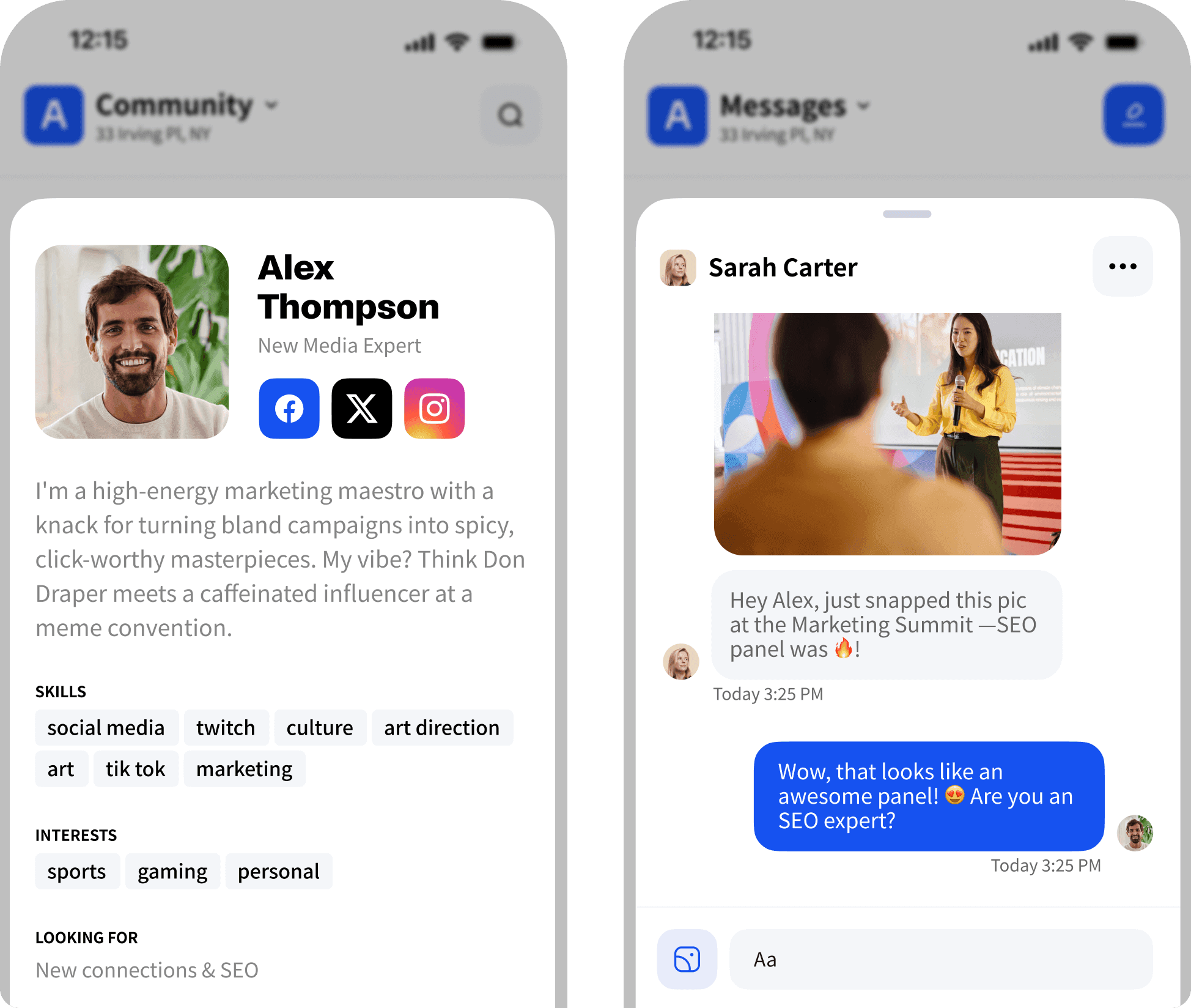 Mobile app interface showing a community news feed with posts and updates from different users.