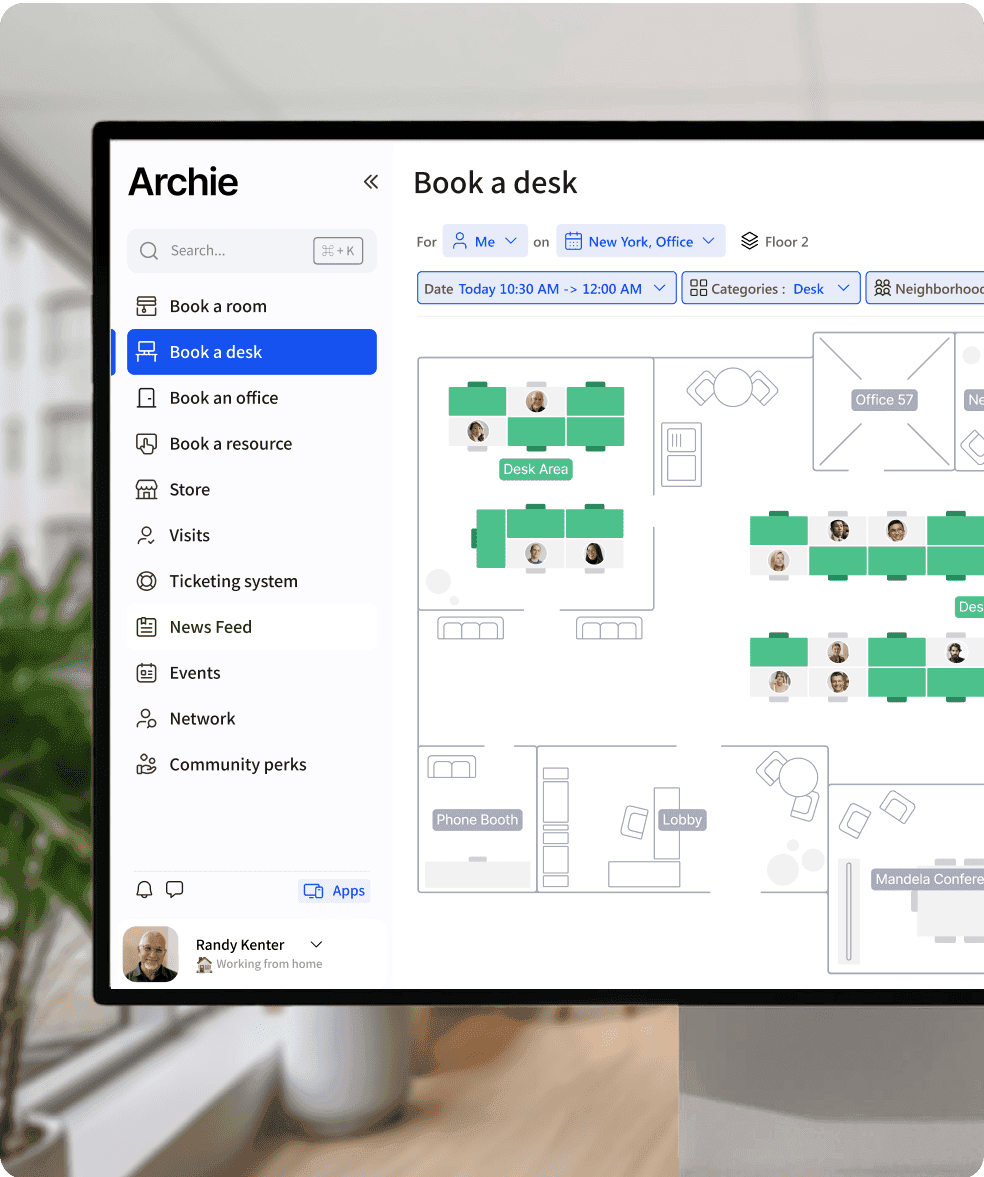 A screenshot of Archie application interface for workspace management, showing options to book a desk, view floor plans, and manage bookings. The interface includes a navigation menu with various management options such as booking a room, office, or resource, and sections for store, visits, ticketing system, news feed, events, network, and community perks.