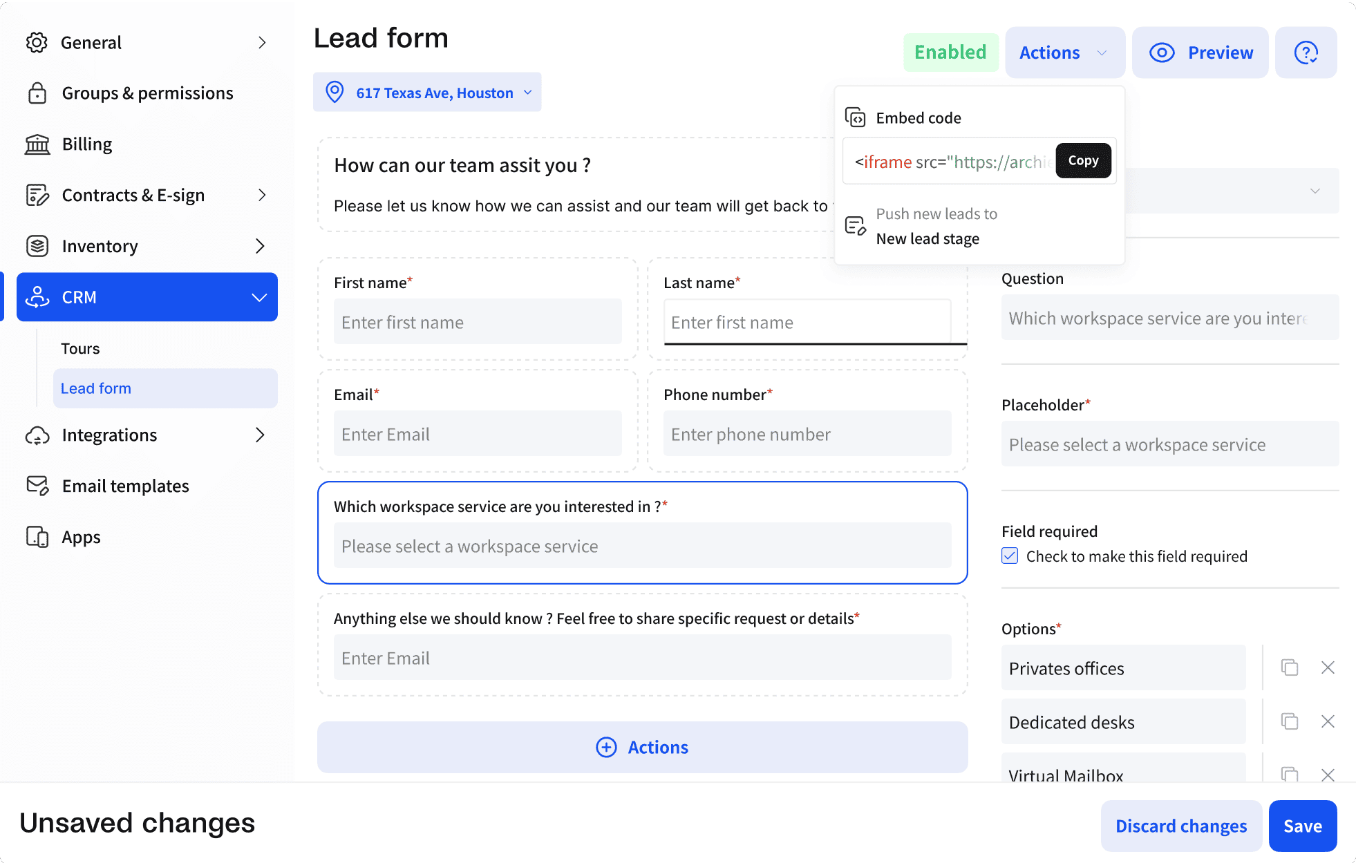Lead form interface for workspace services with fields for user information and service selection.