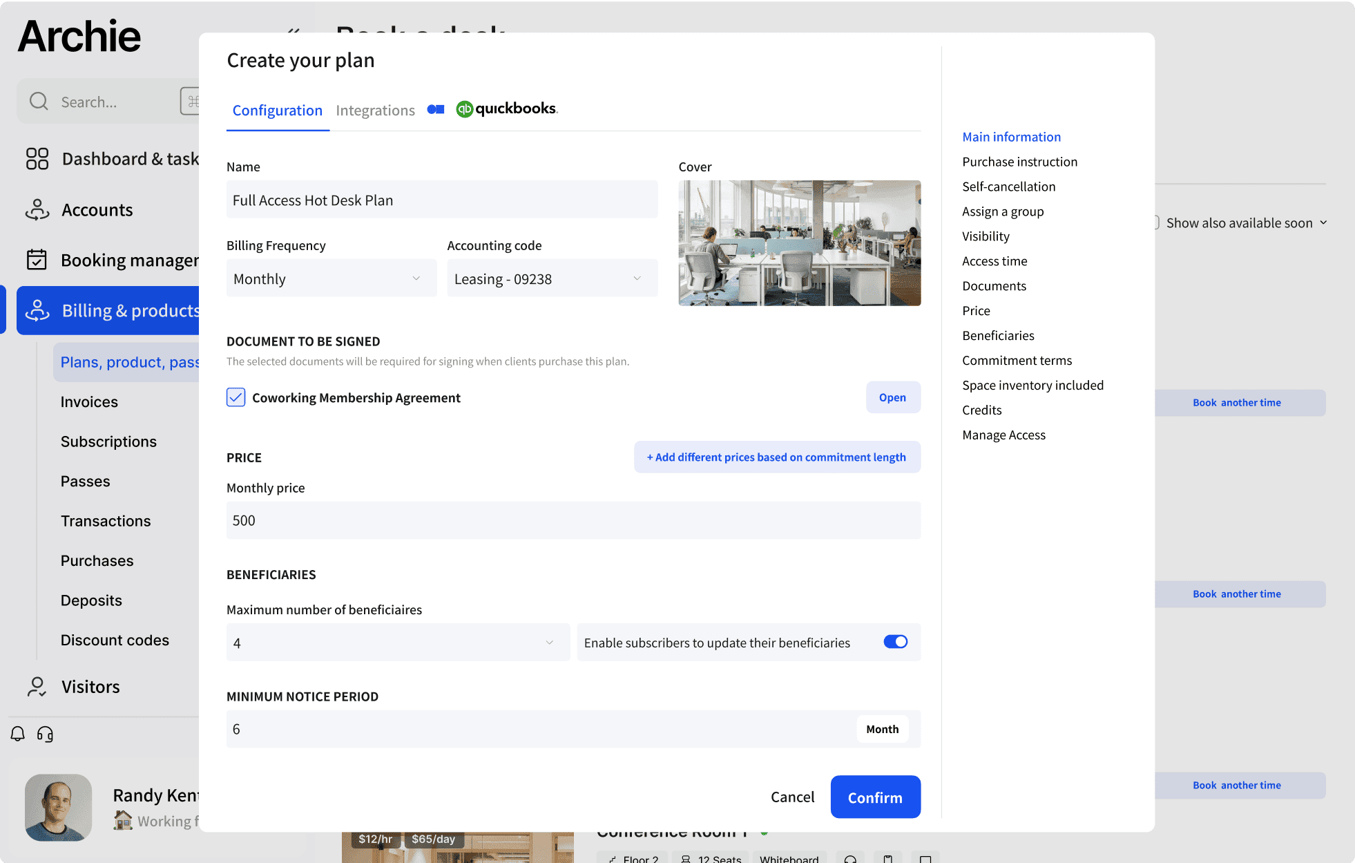 A screenshot of Archie workspace management application showing the creation of a new plan for a Full Access Hot Desk Plan including details such as billing frequency, accounting code, and associated documents.