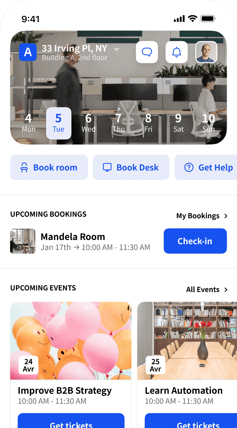 A screenshot of a mobile Archie app interface showing a workspace booking system. The user can book rooms or desks, view upcoming bookings, and check-in. The app also displays upcoming events with options to get tickets.