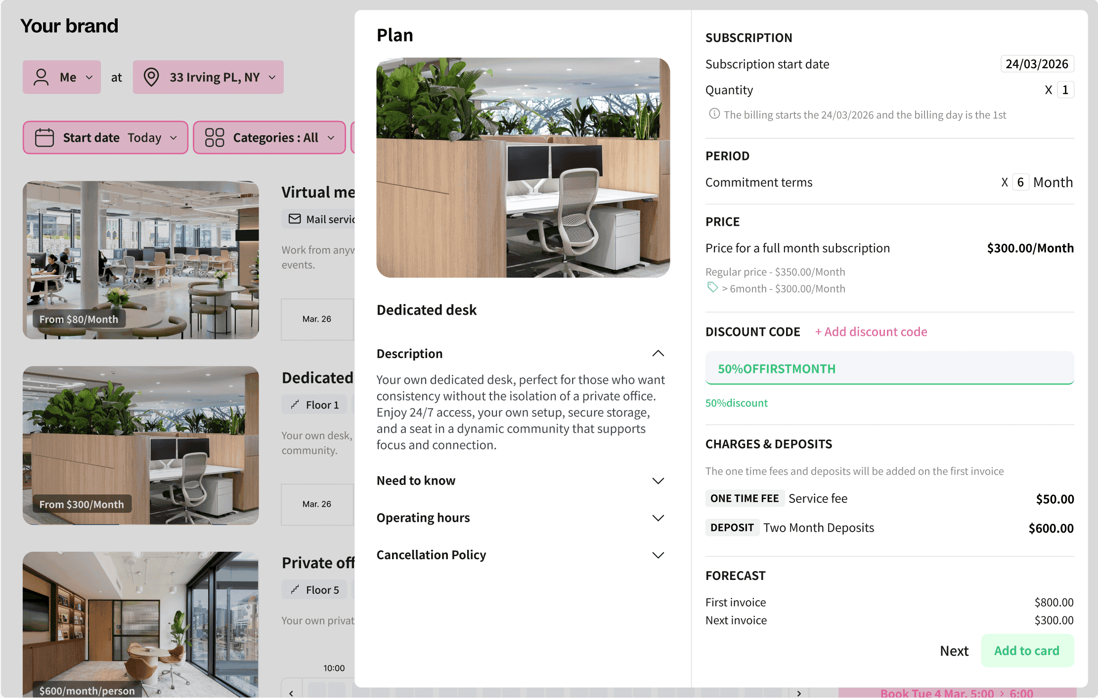 Booking confirmation interface showing selected workspace plan details, subscription period, price, discount code, and additional charges.