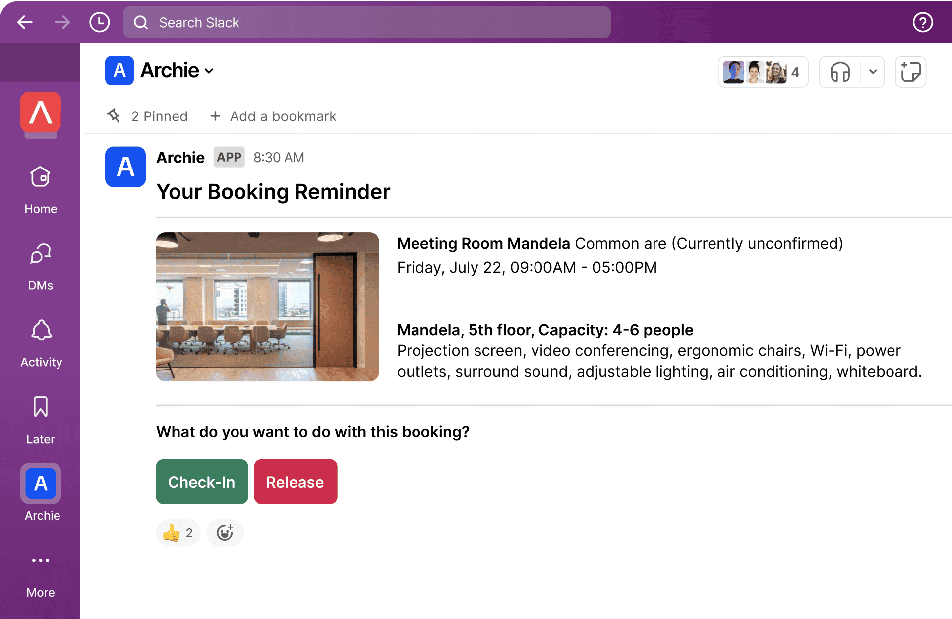 A slack notification from Archie reminding the user about an upcoming meeting booking in the "Mandela" room.