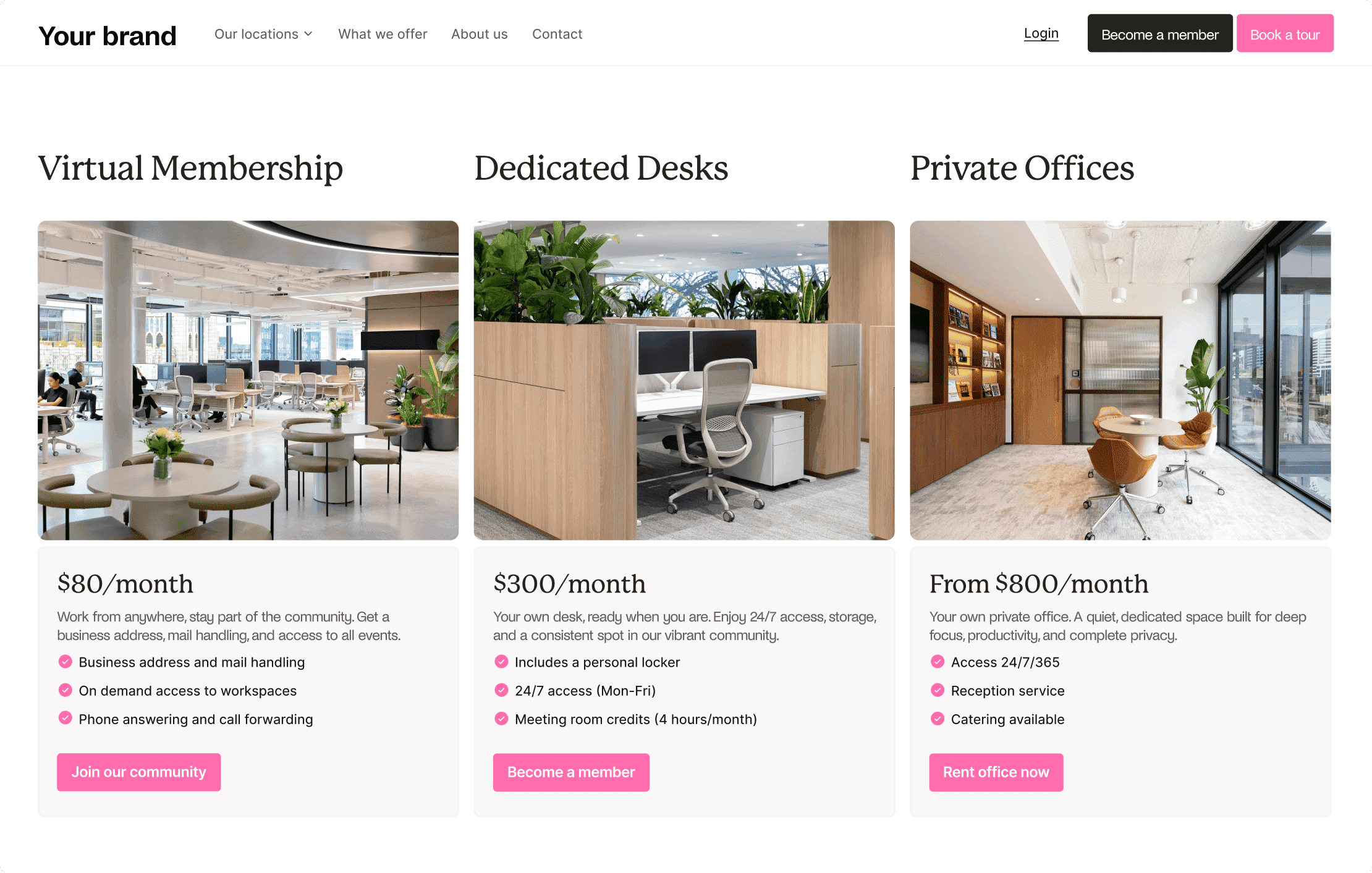 Website page showing different workspace options: Virtual Membership, Dedicated Desks, and Private Offices, with images and pricing details.