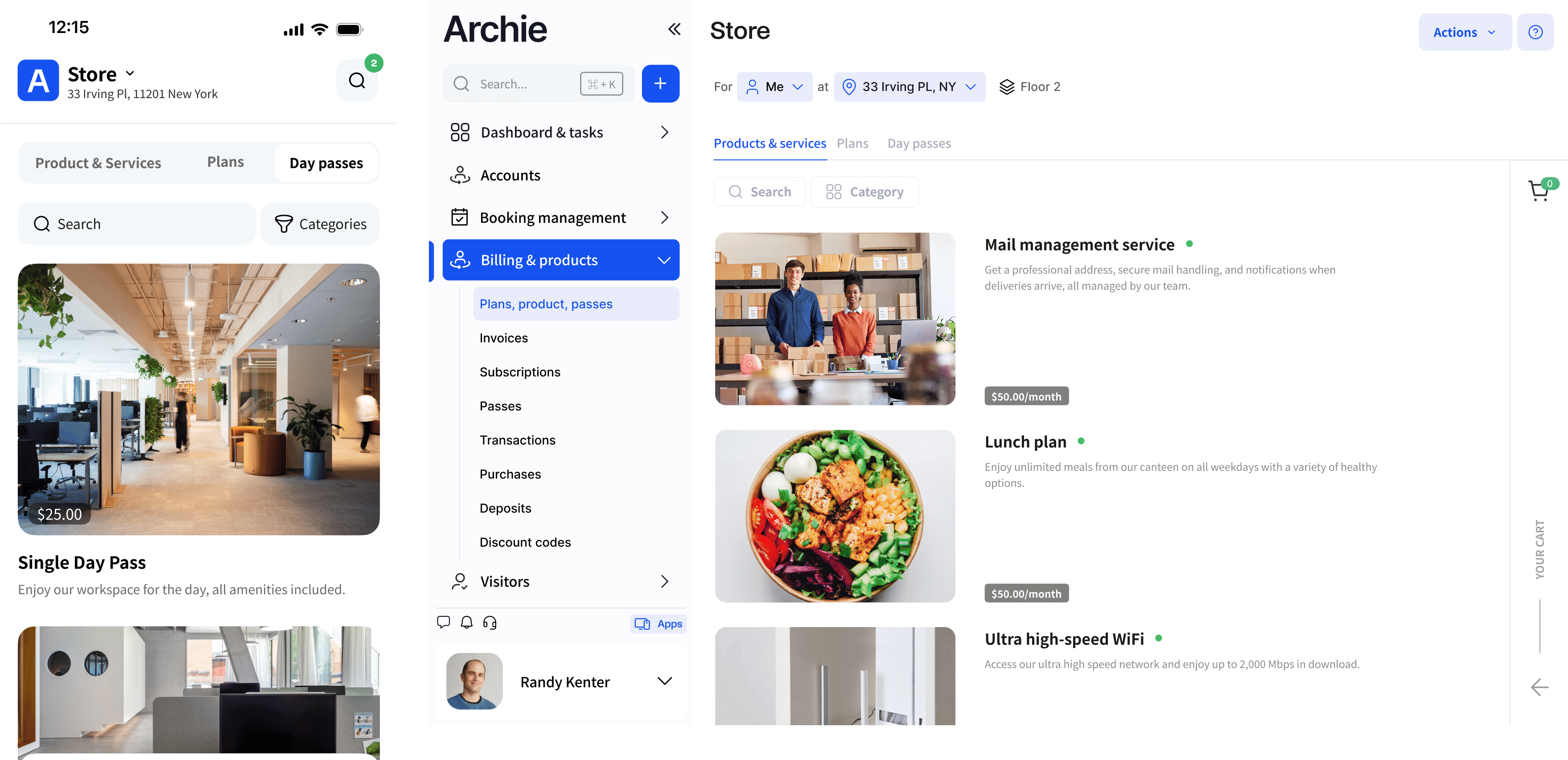 Archie app interface for a store, displaying products and services such as a single day pass, mail management service, lunch plan, and ultra high-speed WiFi.