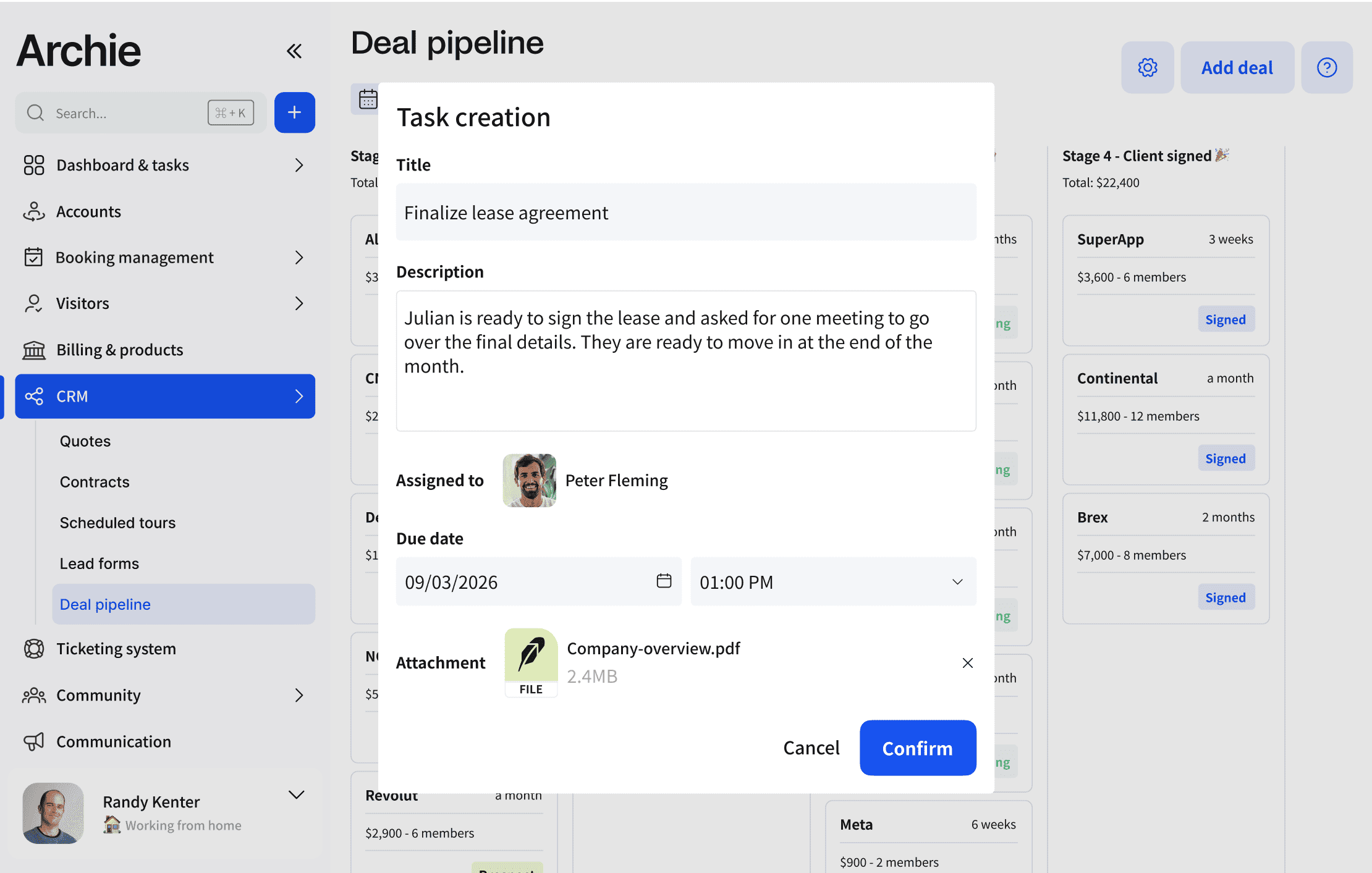 Archie interface showing a deal pipeline with task creation for finalizing a coworking lease agreement, including details and attachments.