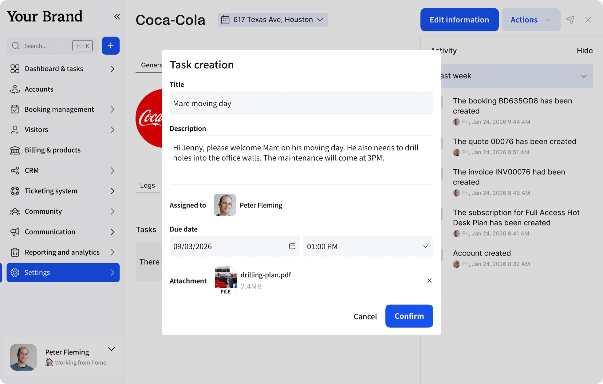 Task creation interface for Coca-Cola with task details, assigned personnel, and due date.
