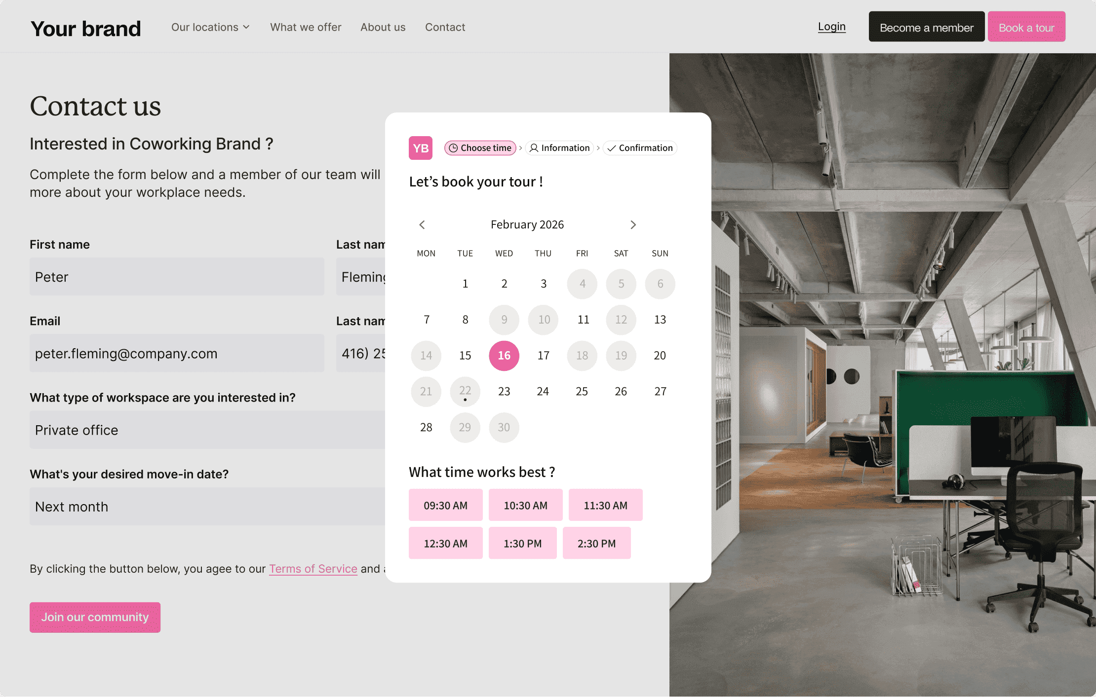 Booking interface for scheduling a tour with a calendar to select a date and time.