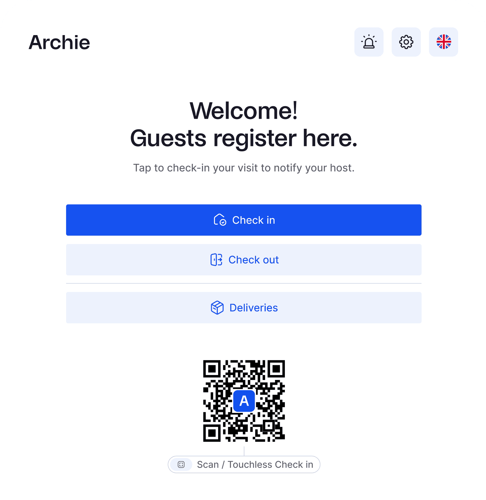 Archie software interface for guest registration with options to check-in, check-out, and view deliveries.