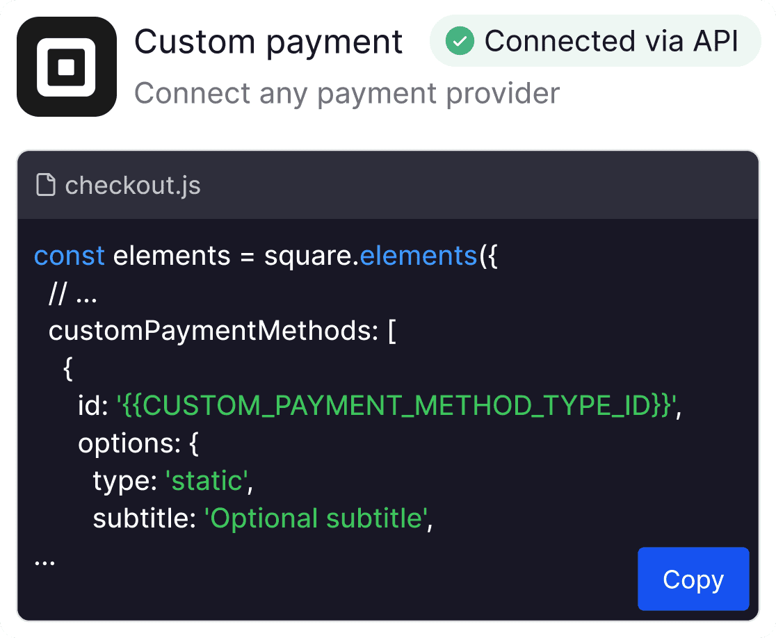 A code snippet showing a JavaScript configuration for custom payment methods using Square's API, including an example of a static payment method with an optional subtitle.