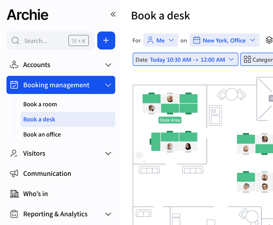 Desktop screen showing a floor plan with desk availability in Archie's booking system.