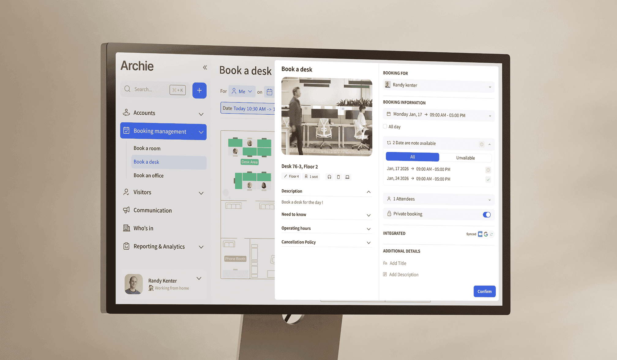 Desktop view of Archie's desk booking features with seat layout and schedule options.