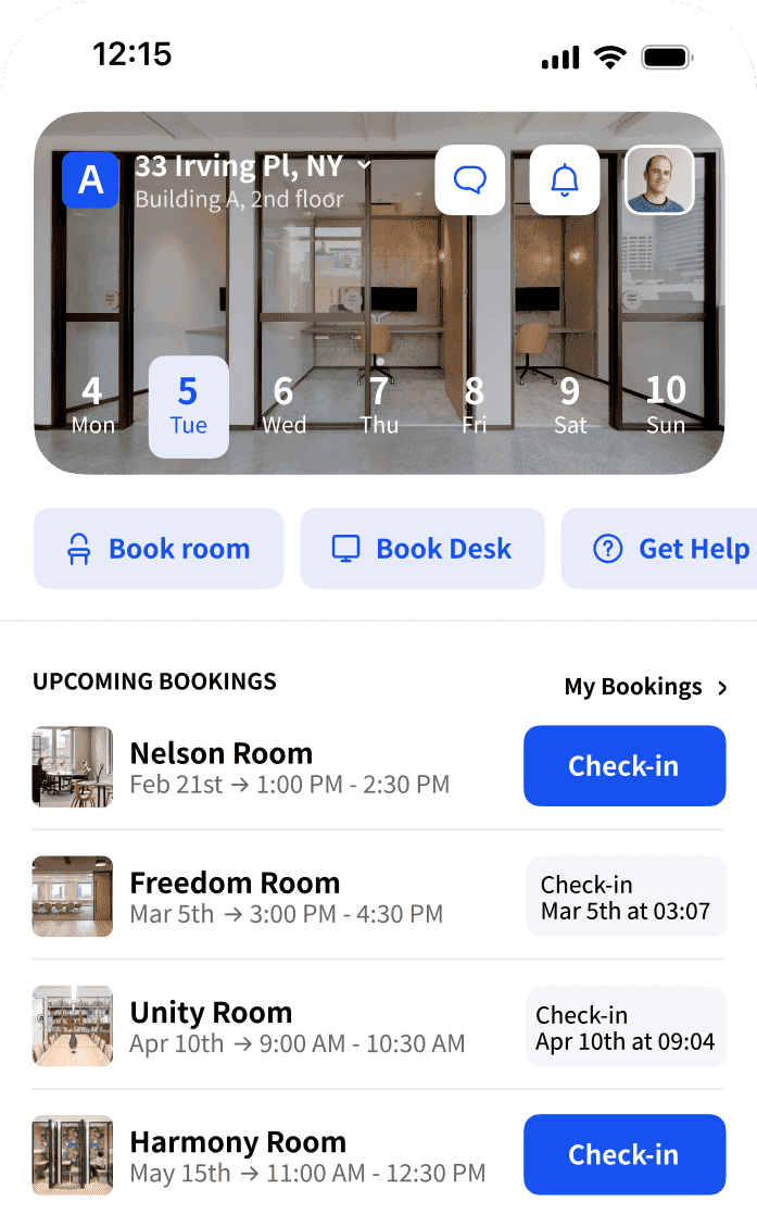 Archie mobile app interface showing room booking options and upcoming bookings for a workspace.