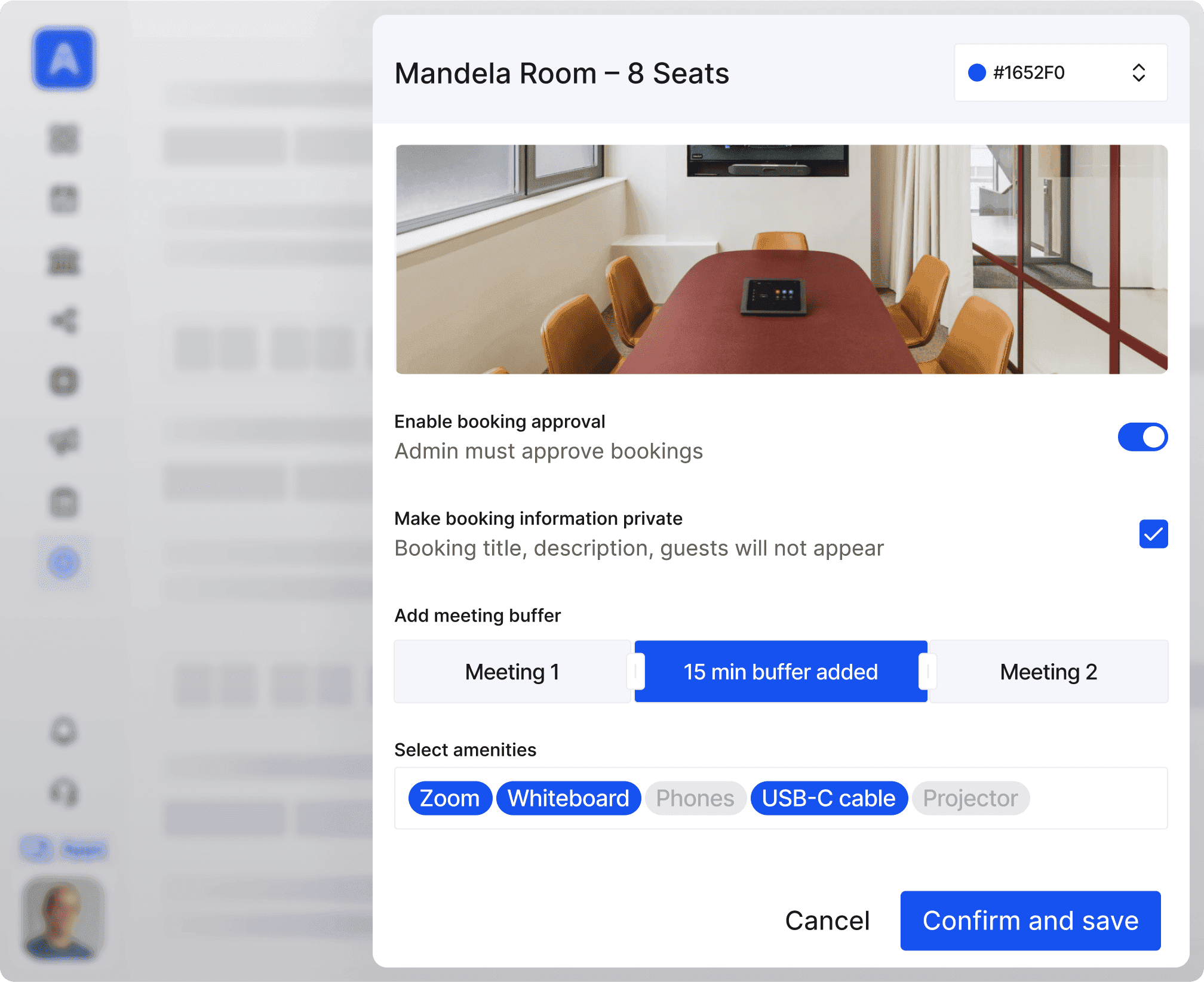Computer screen showing Archie's room booking interface with room details, including amenities and booking options you can set.
