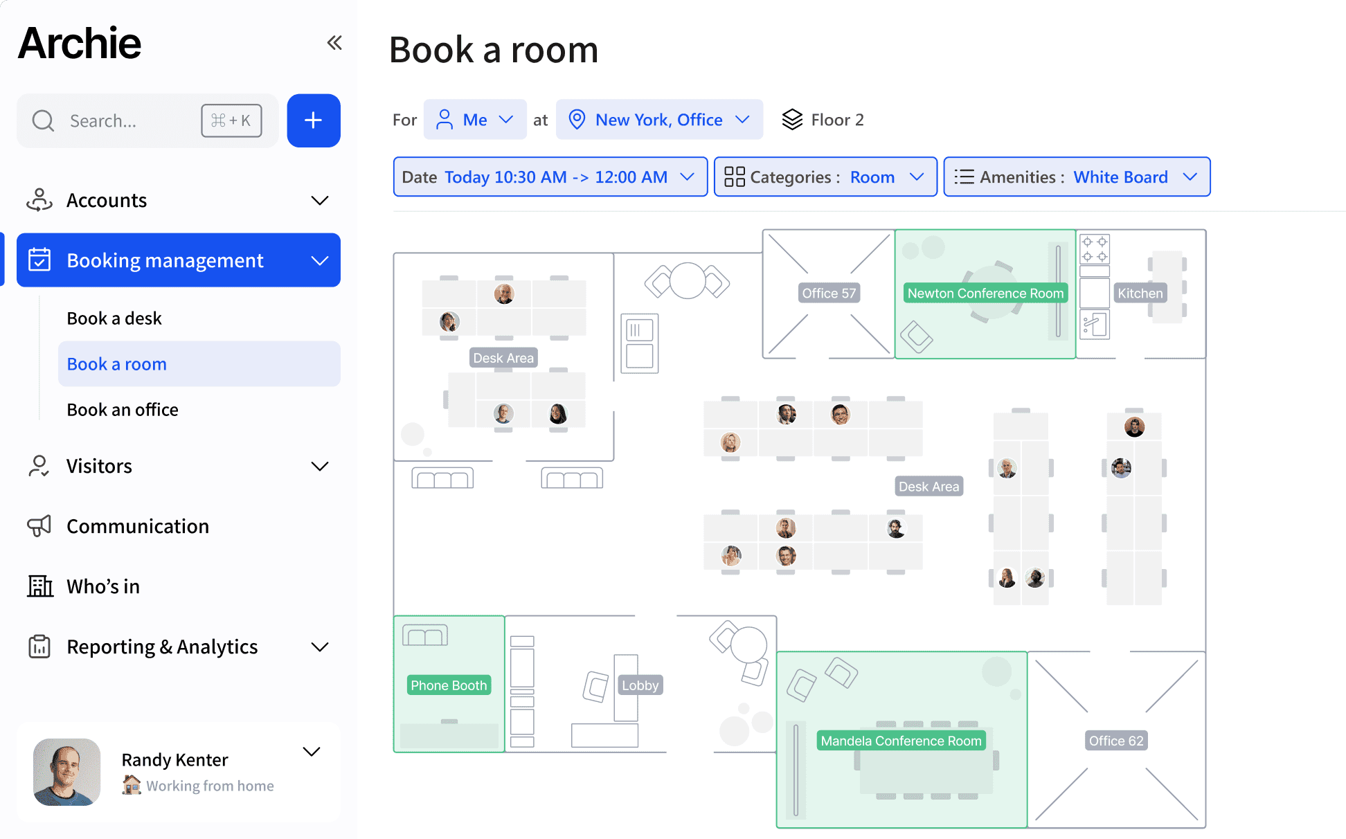 Computer screen showing Archie app with a floor plan with various rooms and desk areas available for booking.