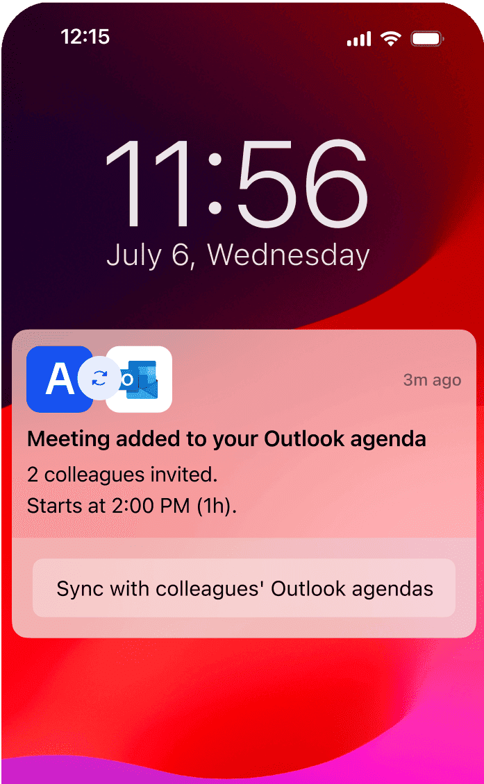 Mobile phone notification showing a meeting added to the Outlook and synchronized with Archie room booking calendar.