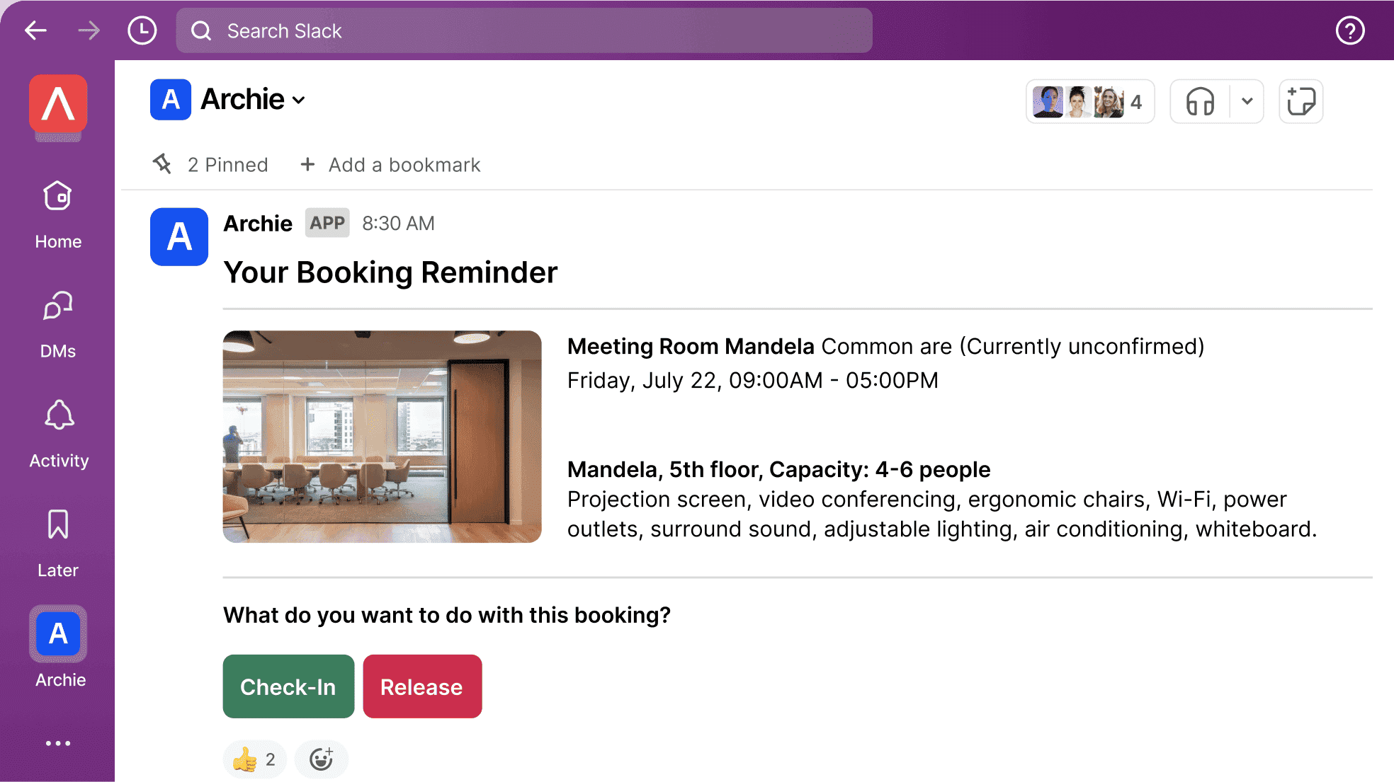 Slack notification showing a booking reminder from Archie app for a meeting room with options to check-in or release the booking.