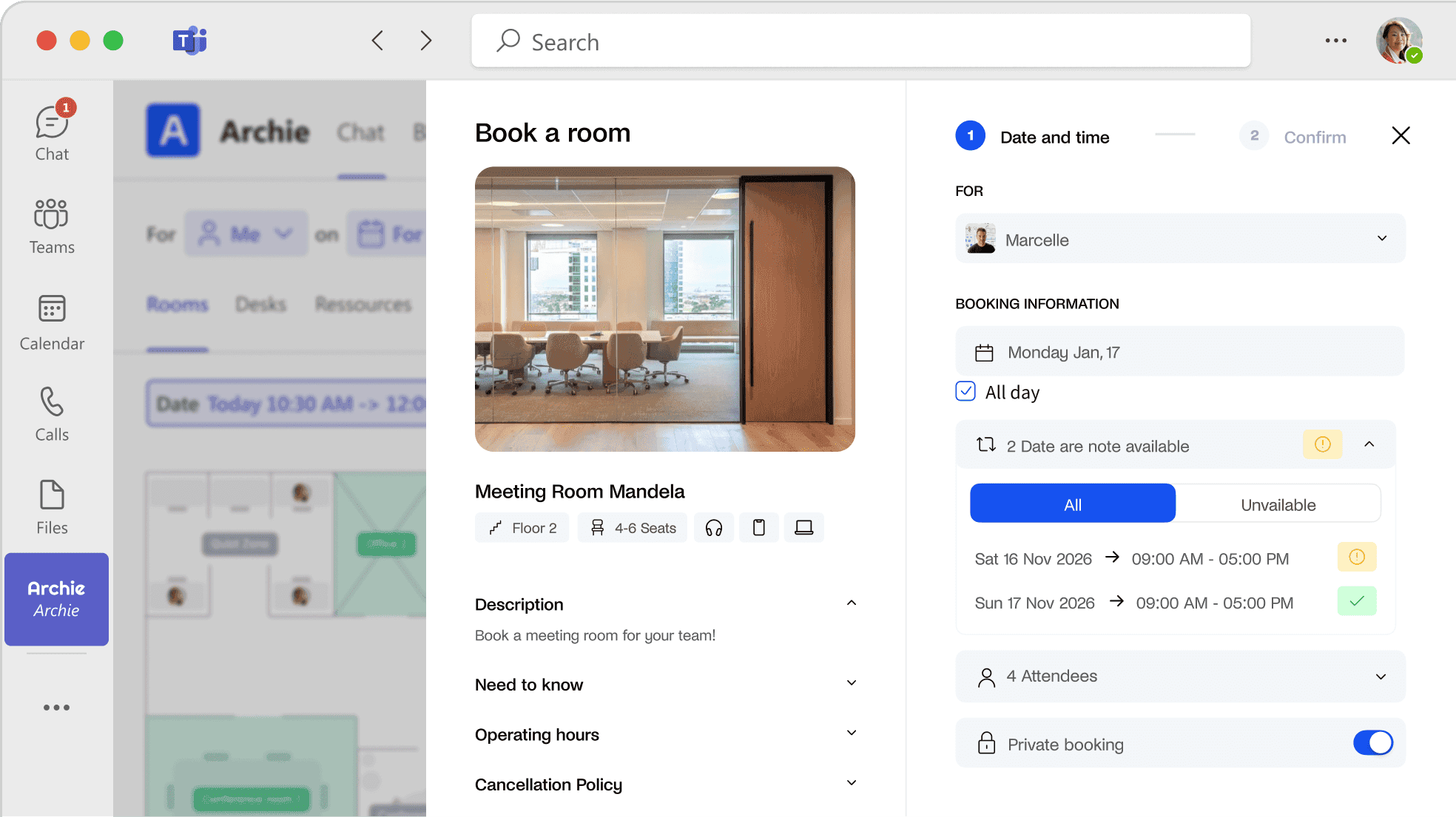 Archie web app interface for booking rooms integrated into Microsoft Teams.