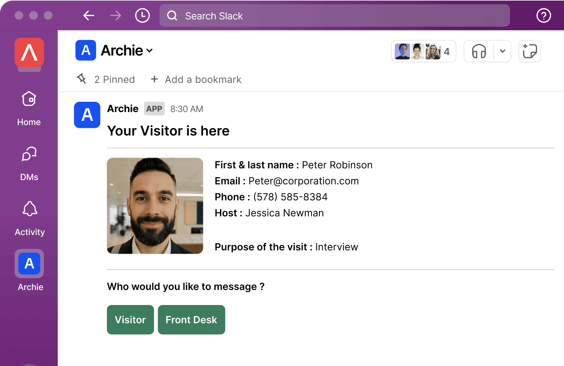 Slack message from Archie app showing visitor notification for Peter Robinson with contact details and 'Visitor' and 'Front Desk' message buttons