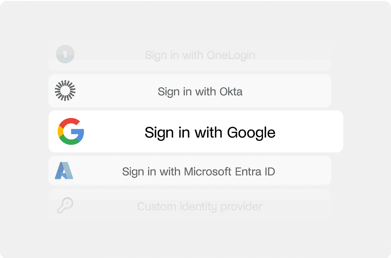 Mobile app login screen with multiple sign-in options including OneLogin, Okta, Google, Microsoft Entra ID, and custom identity provider.