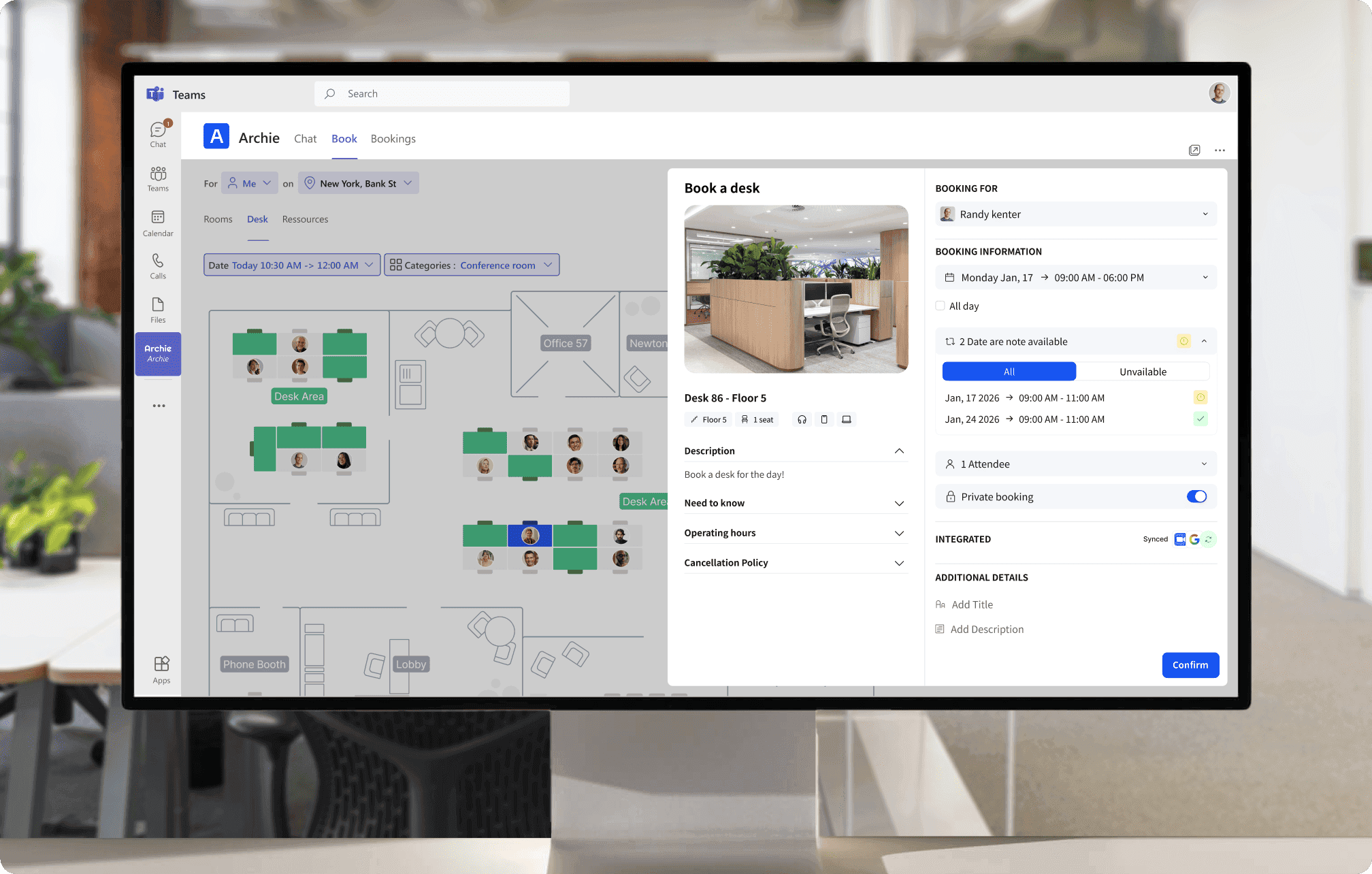 A screenshot of Archie's workspace booking system where a user is booking a desk in an office environment, showing available desks and booking information.