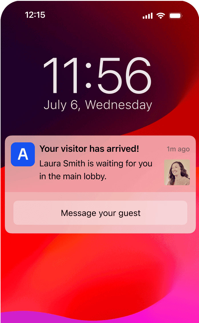 Mobile phone screen showing a notification from Archie Visitors app that a visitor has arrived and is waiting in the main lobby.