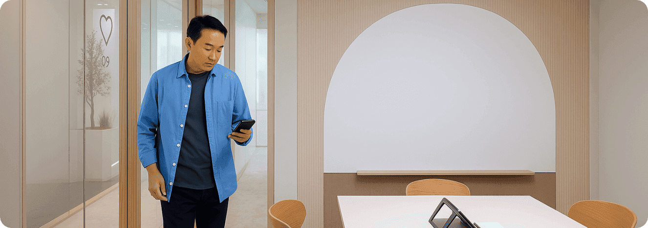 A man in a blue jacket using his smartphone while standing near a meeting room with a room number sign.