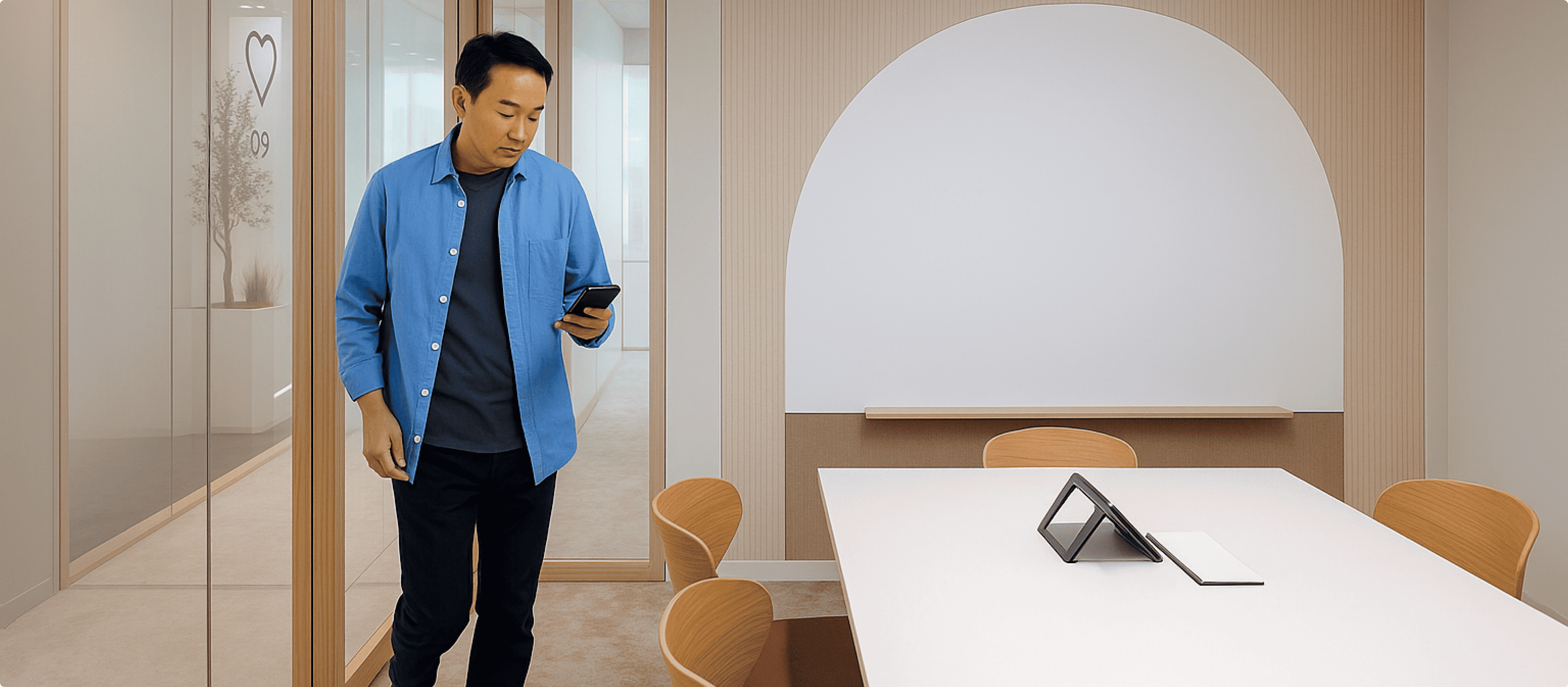 A man in a blue shirt and dark pants looking at his smartphone while standing in the doorway of a small meeting room with a table and chairs.