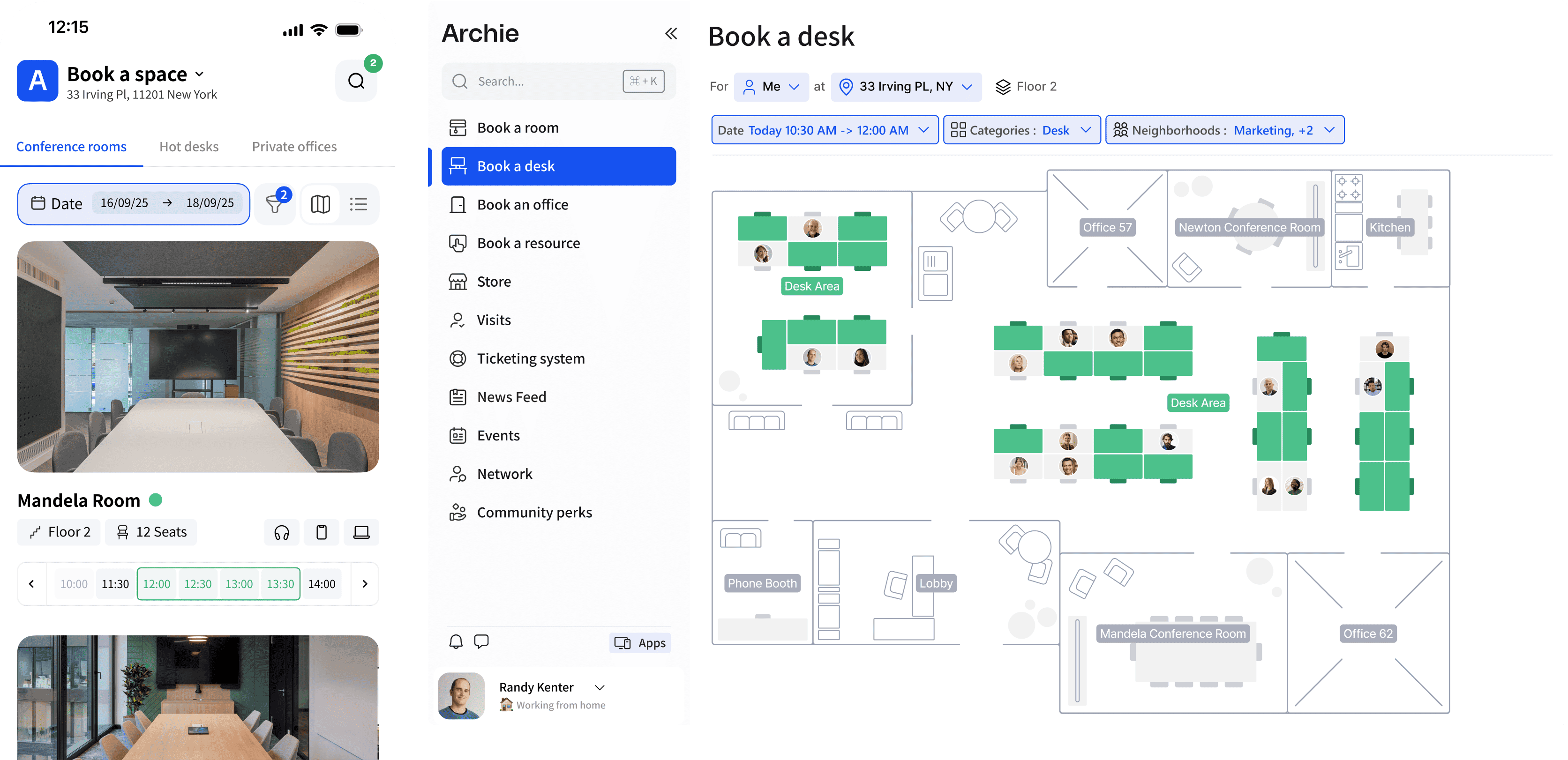 Archie app interface showing the process of booking a desk in a coworking space, with options to select the date, time, floor, and view the layout of available desks.
