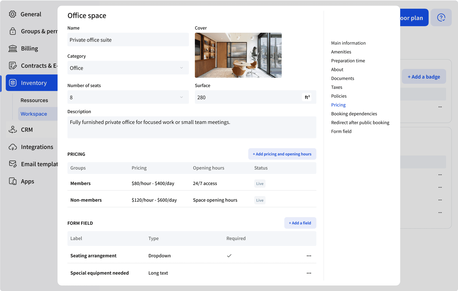 Archie app interface for managing coworking space inventory, showing details of a private office suite including name, category, number of seats, surface area, description, pricing, and form fields.
