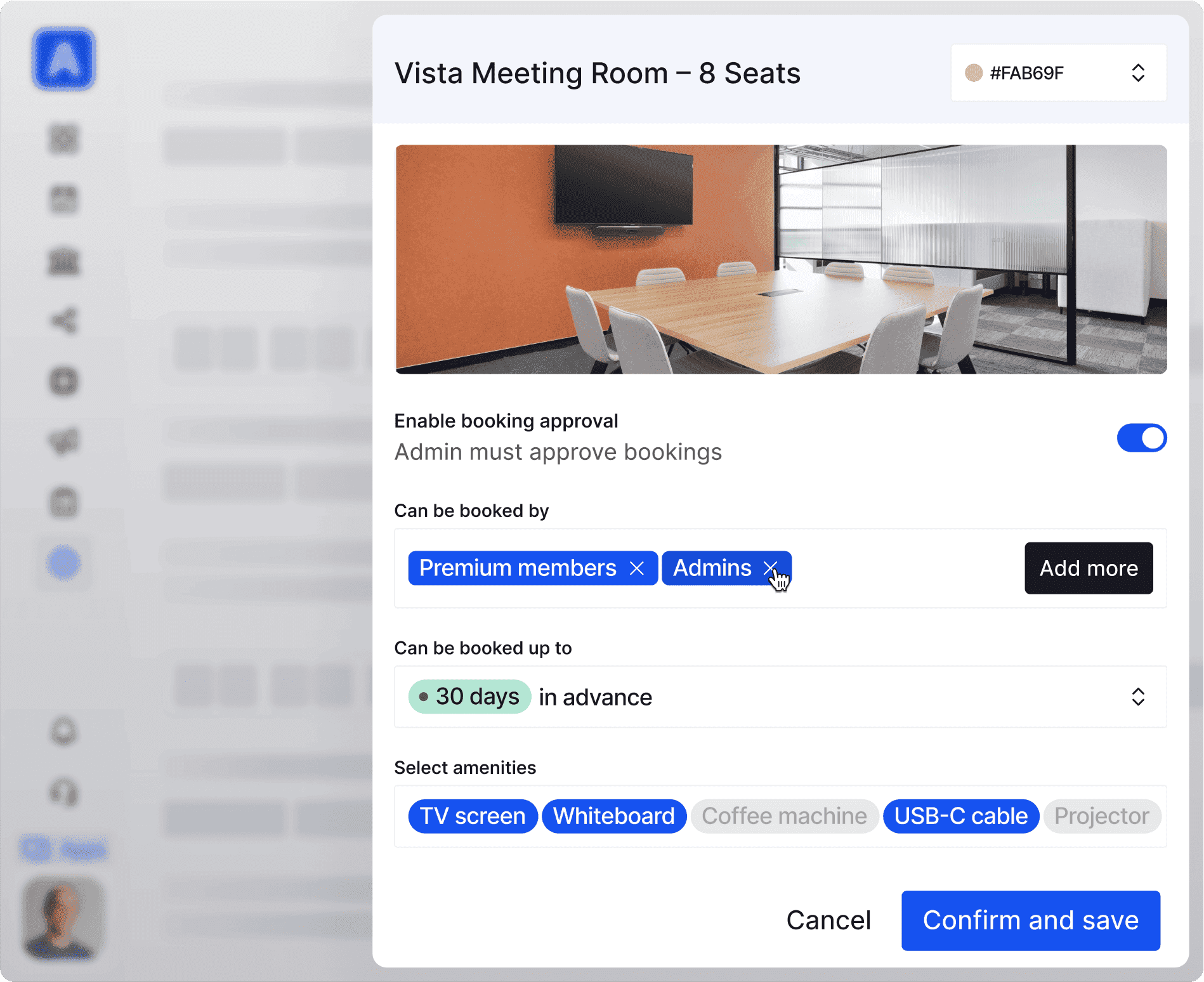 A screenshot of Archie's meeting room booking interface showing the configuration options for a room named Vista Meeting Room; with 8 seats, including booking approval settings, eligible bookers, advance booking period, and available amenities.