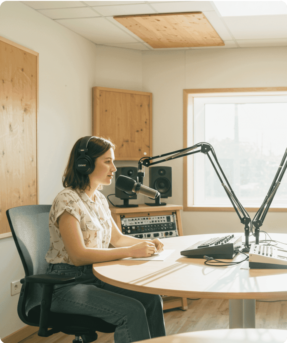 Woman in a recording studio wearing headphones and speaking into a microphone with audio equipment visible.